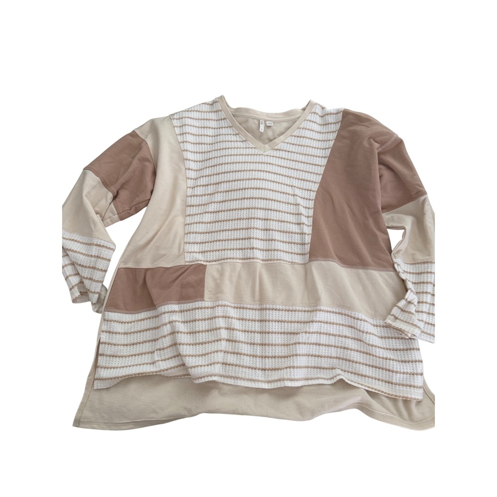 Cato Fashions Plus Size 22/24W Tunic Top Patchwork Stripe Beige Brown Long Sleev